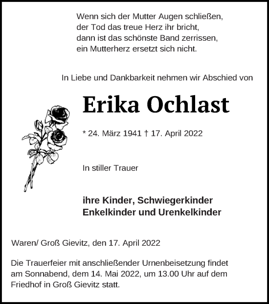 Traueranzeige von Erika Ochlast von Müritz-Zeitung
