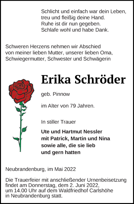 Traueranzeige von Erika Schröder von Neubrandenburger Zeitung