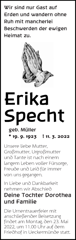 Traueranzeige von Erika Specht von Haff-Zeitung