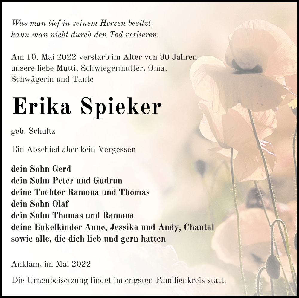  Traueranzeige für Erika Spieker vom 13.05.2022 aus Vorpommern Kurier