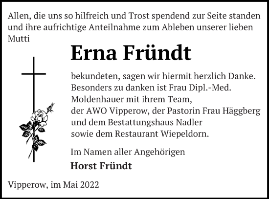 Traueranzeige von Erna Fründt von Müritz-Zeitung