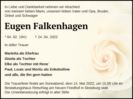 Traueranzeige von Eugen Falkenhagen von Pasewalker Zeitung