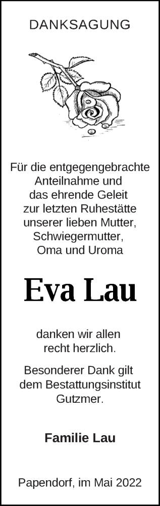 Traueranzeige von Eva Lau von Pasewalker Zeitung