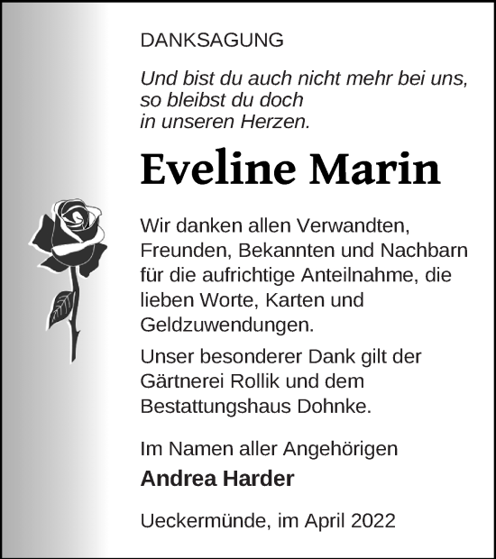 Traueranzeige von Eveline Marin von Haff-Zeitung