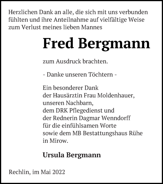 Traueranzeige von Fred Bergmann von Müritz-Zeitung