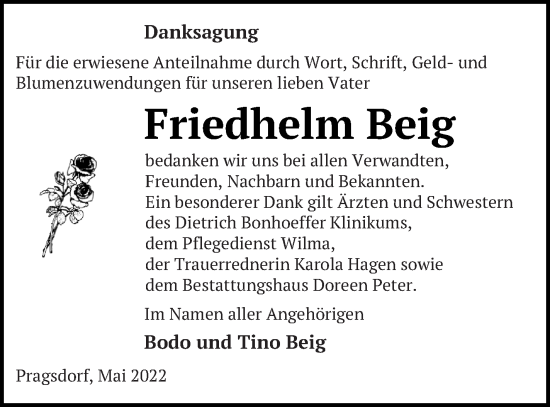 Traueranzeige von Friedhelm Beig von Neubrandenburger Zeitung