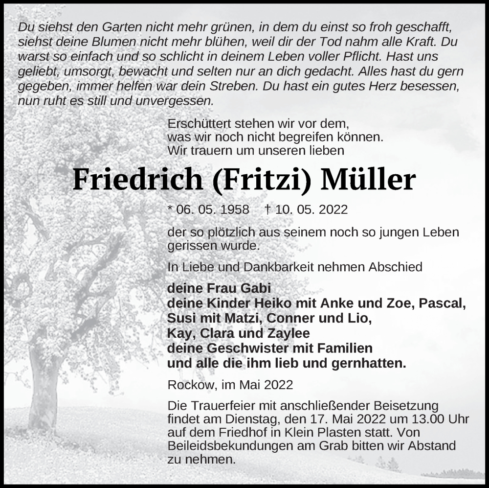  Traueranzeige für Friedrich Müller vom 14.05.2022 aus Müritz-Zeitung