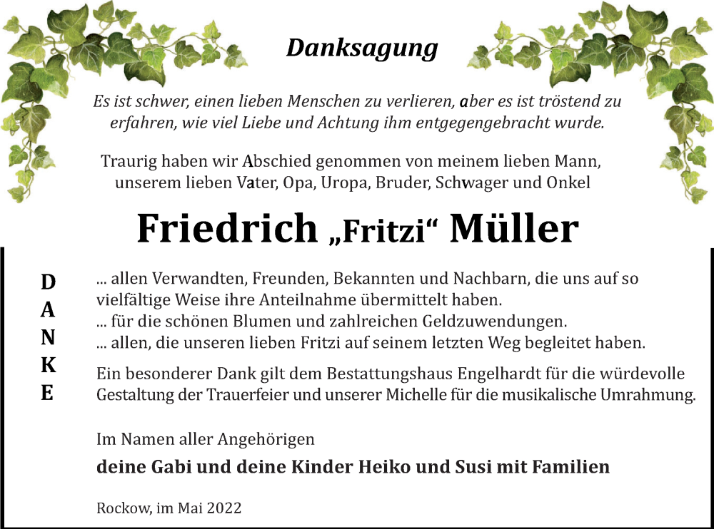  Traueranzeige für Friedrich Müller vom 21.05.2022 aus Müritz-Zeitung