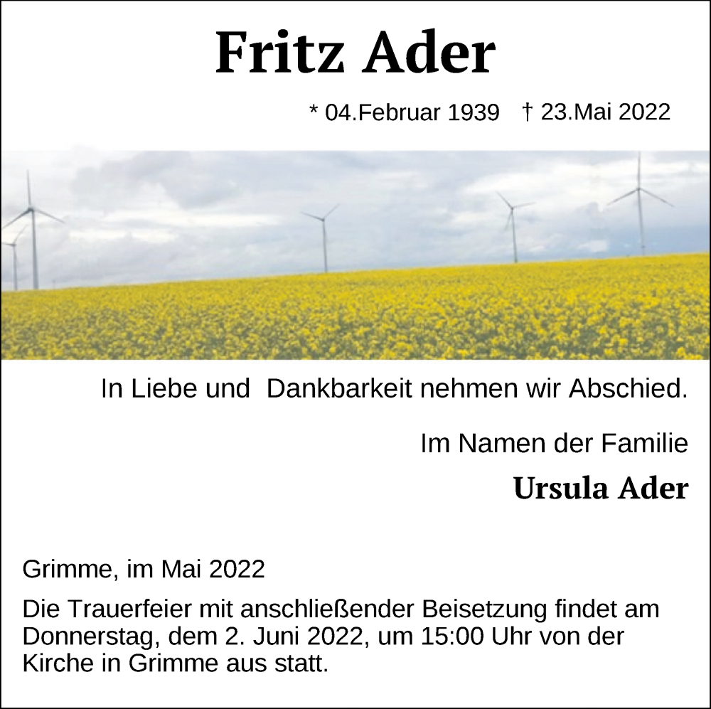  Traueranzeige für Fritz Ader vom 27.05.2022 aus Pasewalker Zeitung