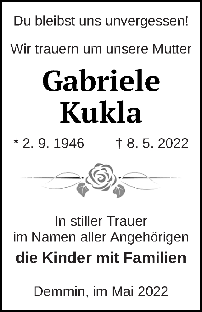  Traueranzeige für Gabriele Kukla vom 13.05.2022 aus Demminer Zeitung