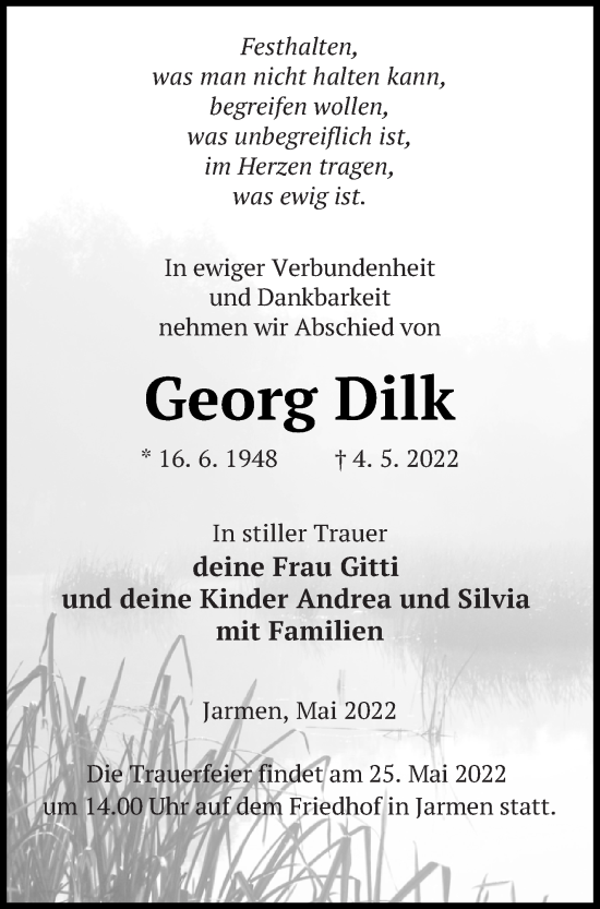 Traueranzeige von Georg Dilk von Vorpommern Kurier