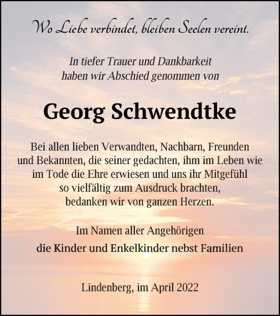 Traueranzeige von Georg Schwendtke von Demminer Zeitung