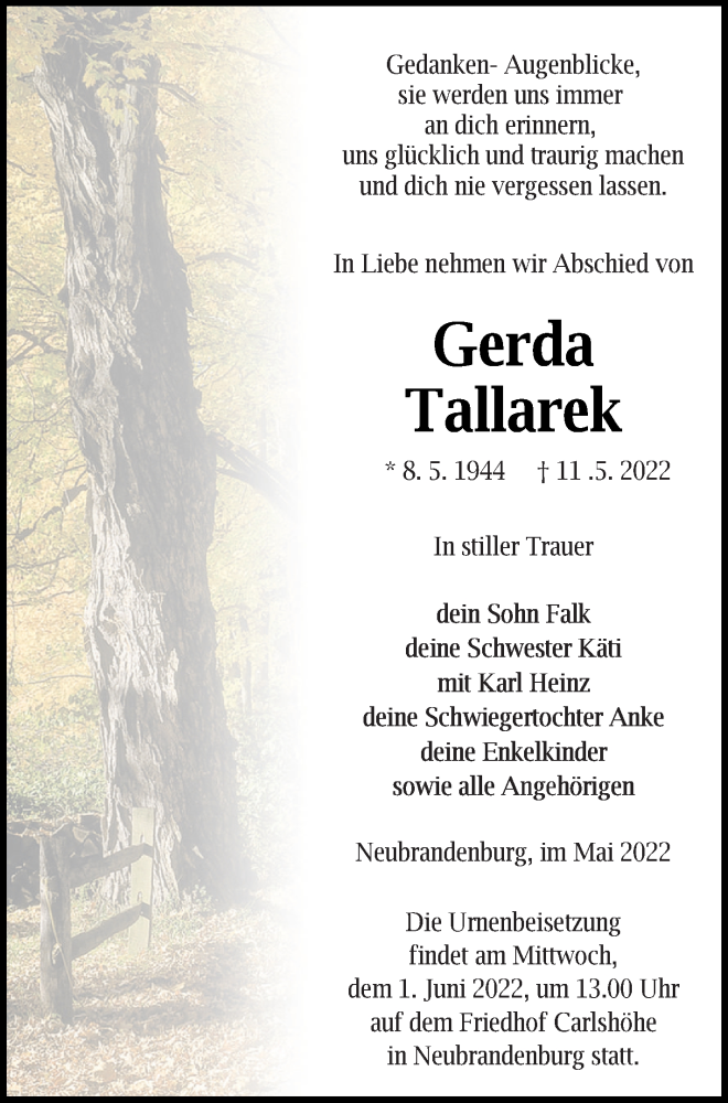  Traueranzeige für Gerda Tallarek vom 18.05.2022 aus Neubrandenburger Zeitung
