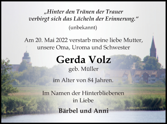 Traueranzeige von Gerda Volz von Haff-Zeitung