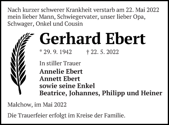 Traueranzeige von Gerhard Ebert von Müritz-Zeitung