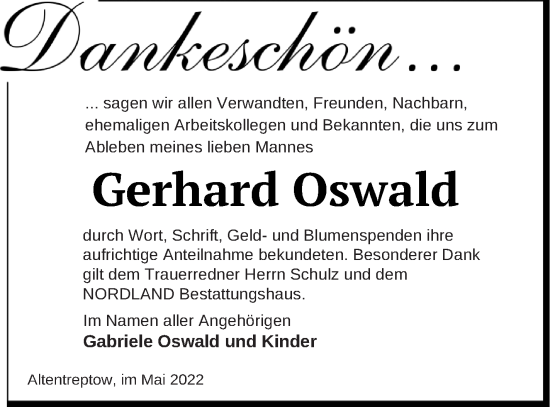 Traueranzeige von Gerhard Oswald von Neubrandenburger Zeitung