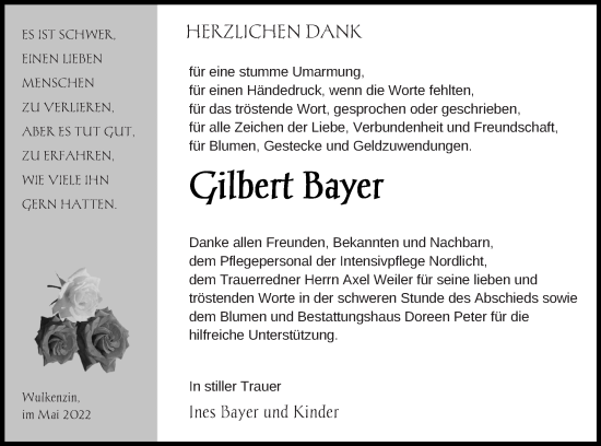 Traueranzeige von Gilbert Bayer von Neubrandenburger Zeitung