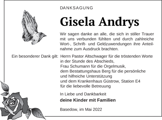 Traueranzeige von Gisela Andrys von Mecklenburger Schweiz