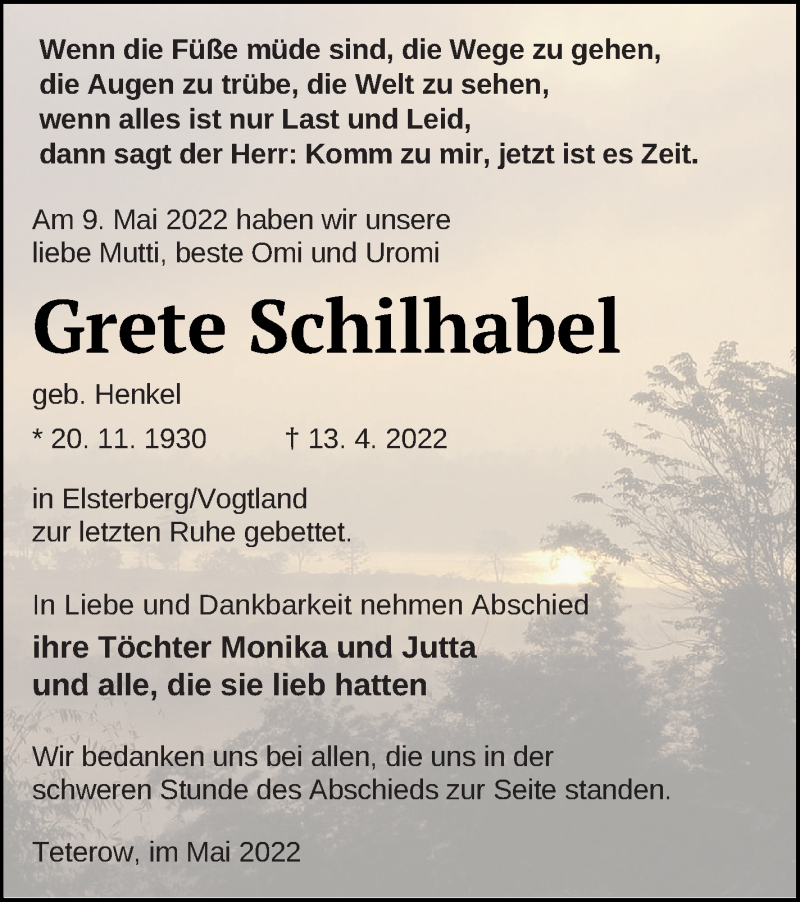  Traueranzeige für Grete Schilhabel vom 11.05.2022 aus Vorpommern Kurier