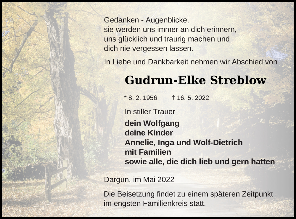  Traueranzeige für Gudrun-Elke Streblow vom 19.05.2022 aus Mecklenburger Schweiz