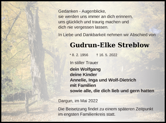 Traueranzeige von Gudrun-Elke Streblow von Mecklenburger Schweiz