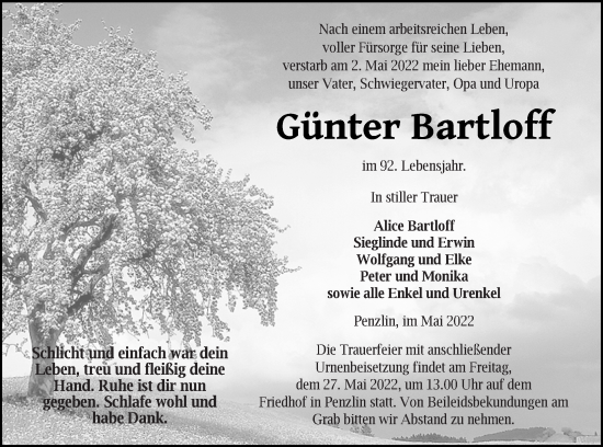 Traueranzeige von Günter Bartloff von Müritz-Zeitung