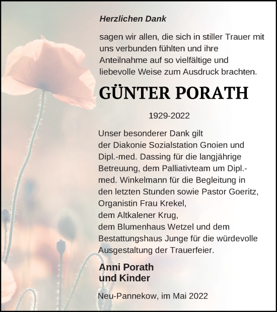 Traueranzeige von Günter Porath von Mecklenburger Schweiz