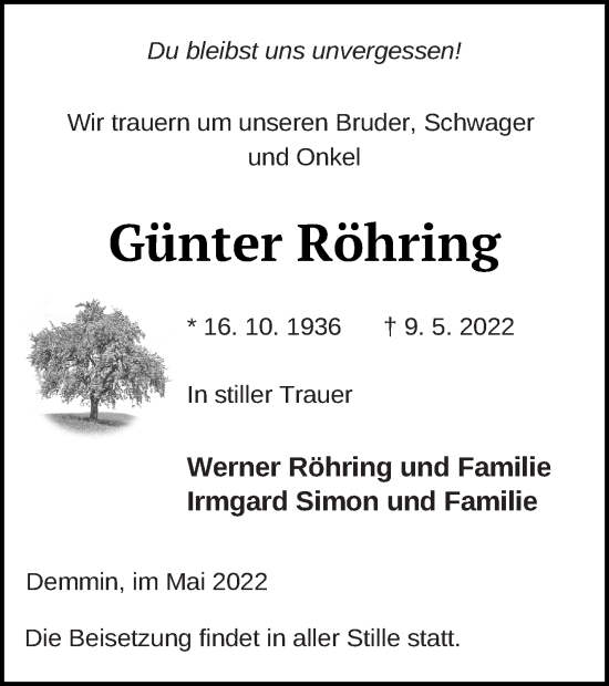 Traueranzeige von Günter Röhring von Demminer Zeitung