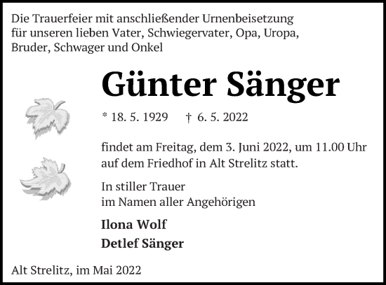 Traueranzeige von Günter Sänger von Strelitzer Zeitung