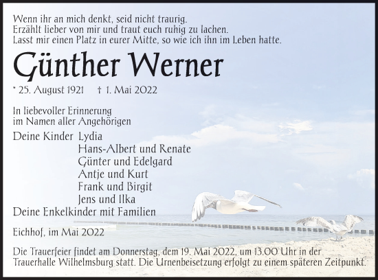 Traueranzeige von Günther Werner von Haff-Zeitung