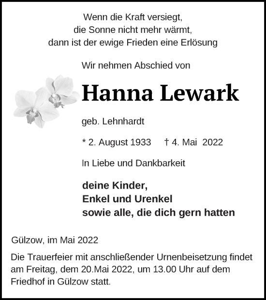 Traueranzeige von Hanna Lewark von Mecklenburger Schweiz