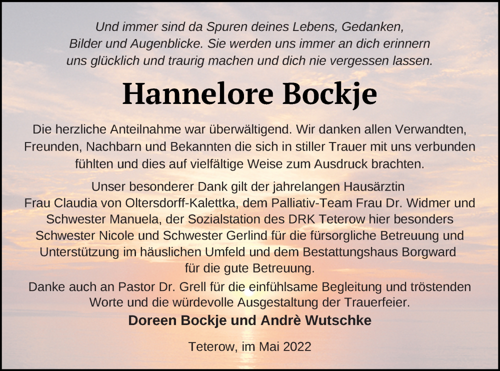  Traueranzeige für Hannelore Bockje vom 20.05.2022 aus Mecklenburger Schweiz