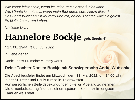 Traueranzeige von Hannelore Bockje von Mecklenburger Schweiz