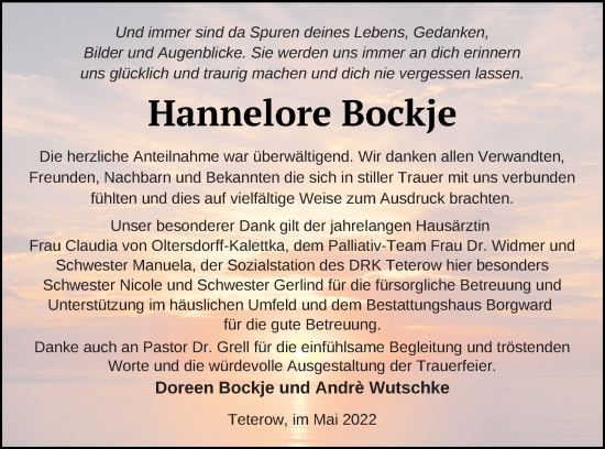 Traueranzeige von Hannelore Bockje von Mecklenburger Schweiz