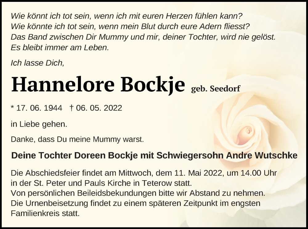  Traueranzeige für Hannelore Bockje vom 10.05.2022 aus Mecklenburger Schweiz