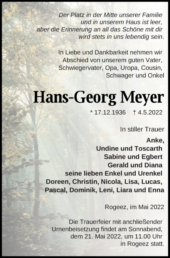 Traueranzeige von Hans-Georg Meyer von Müritz-Zeitung