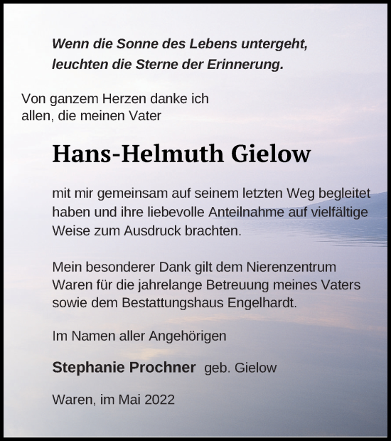 Traueranzeige von Hans-Helmuth Gielow von Müritz-Zeitung