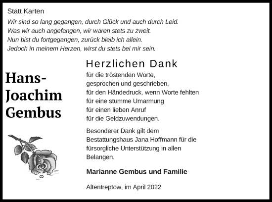 Traueranzeige von Hans-Joachim Gembus von Neubrandenburger Zeitung