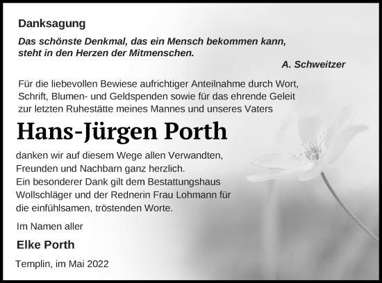 Traueranzeige von Hans-Jürgen Porth von Templiner Zeitung