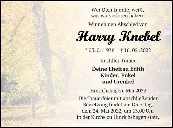 Traueranzeige von Harry Knebel von Strelitzer Zeitung