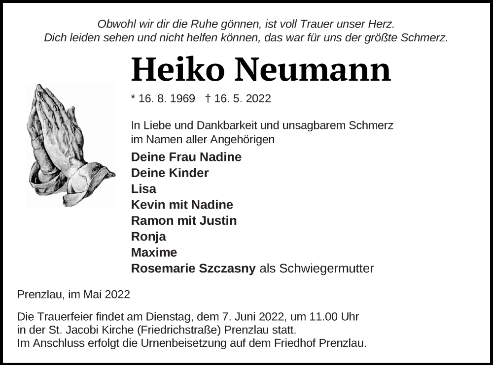  Traueranzeige für Heiko Neumann vom 20.05.2022 aus Prenzlauer Zeitung