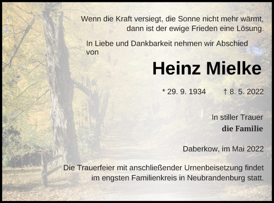 Traueranzeige von Heinz Mielke von Demminer Zeitung