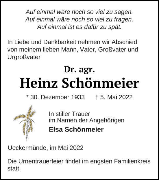 Traueranzeige von Heinz Schönmeier von Haff-Zeitung