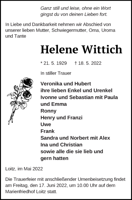 Traueranzeige von Helene Wittich von Vorpommern Kurier