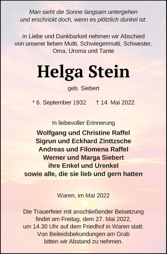 Traueranzeige von Helga Stein von Müritz-Zeitung