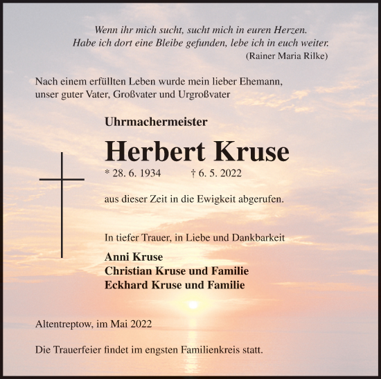 Traueranzeige von Herbert Kruse von Neubrandenburger Zeitung