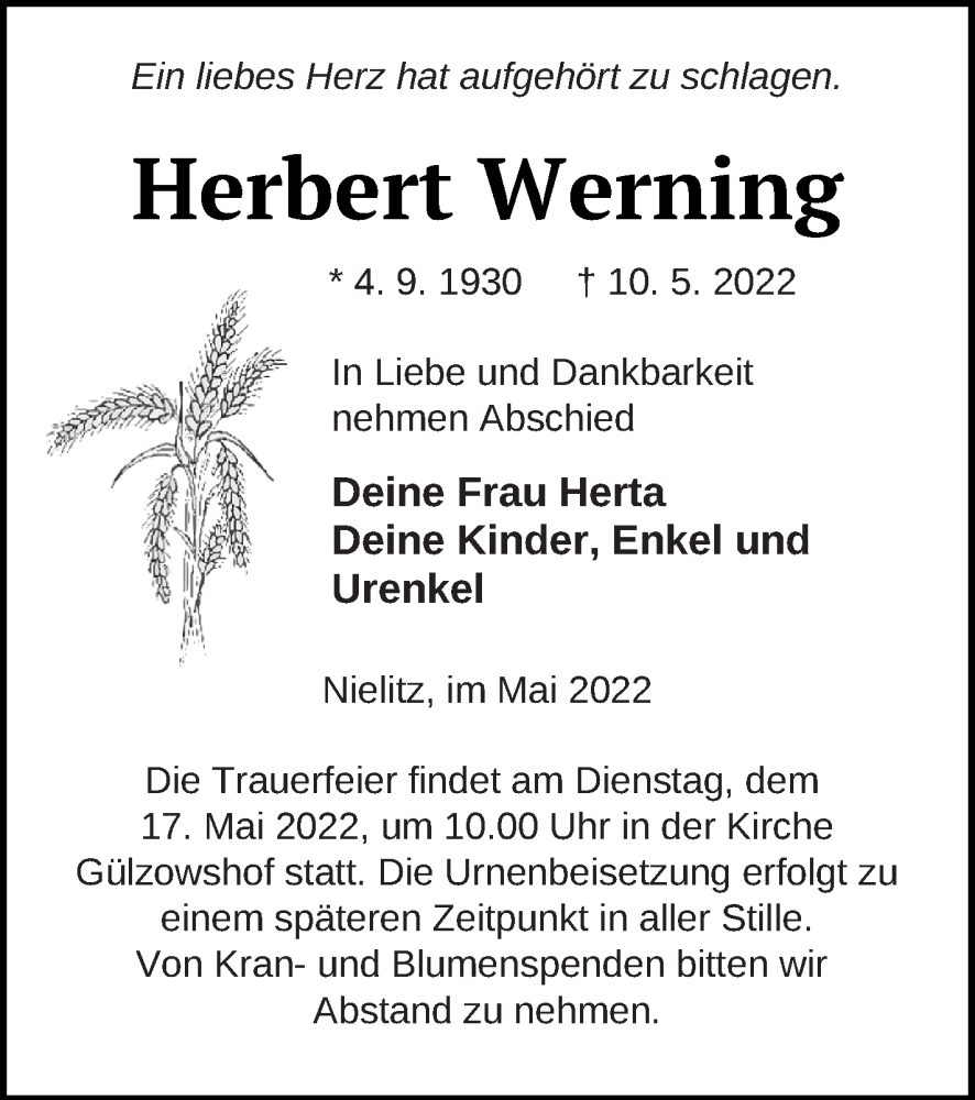  Traueranzeige für Herbert Werning vom 13.05.2022 aus Vorpommern Kurier