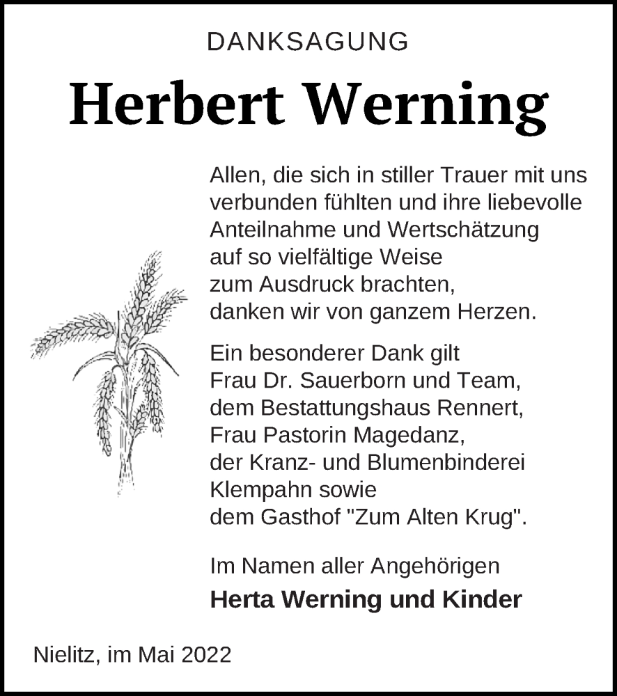  Traueranzeige für Herbert Werning vom 25.05.2022 aus Vorpommern Kurier