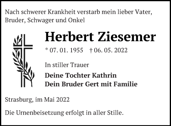 Traueranzeige von Herbert Ziesemer von Pasewalker Zeitung