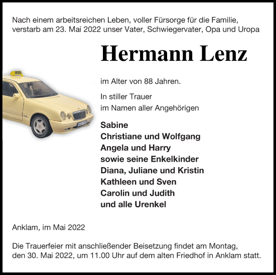 Traueranzeige von Hermann Lenz von Vorpommern Kurier